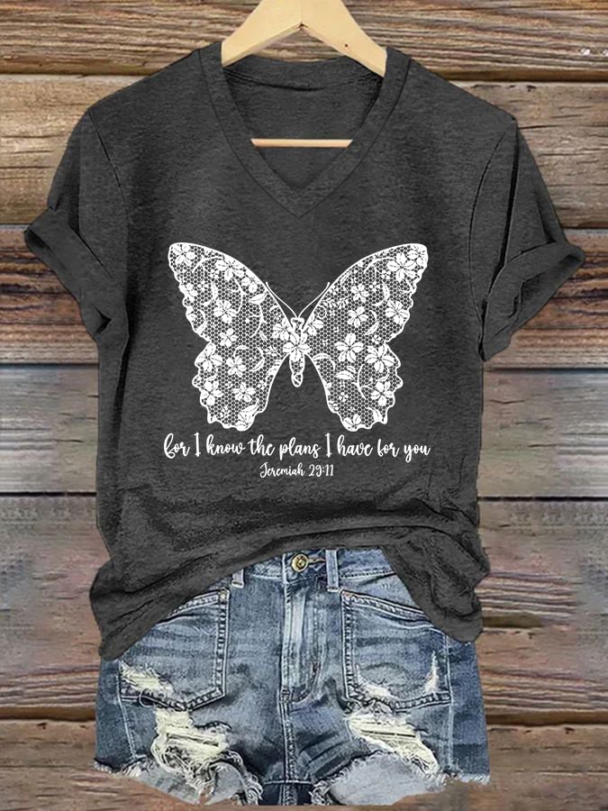 Women'S Casual I Know I Am For You Jeremiah 29:11 Cute Butterfly Christian Graphic Print Short Sleeve V Neck T-Shirt