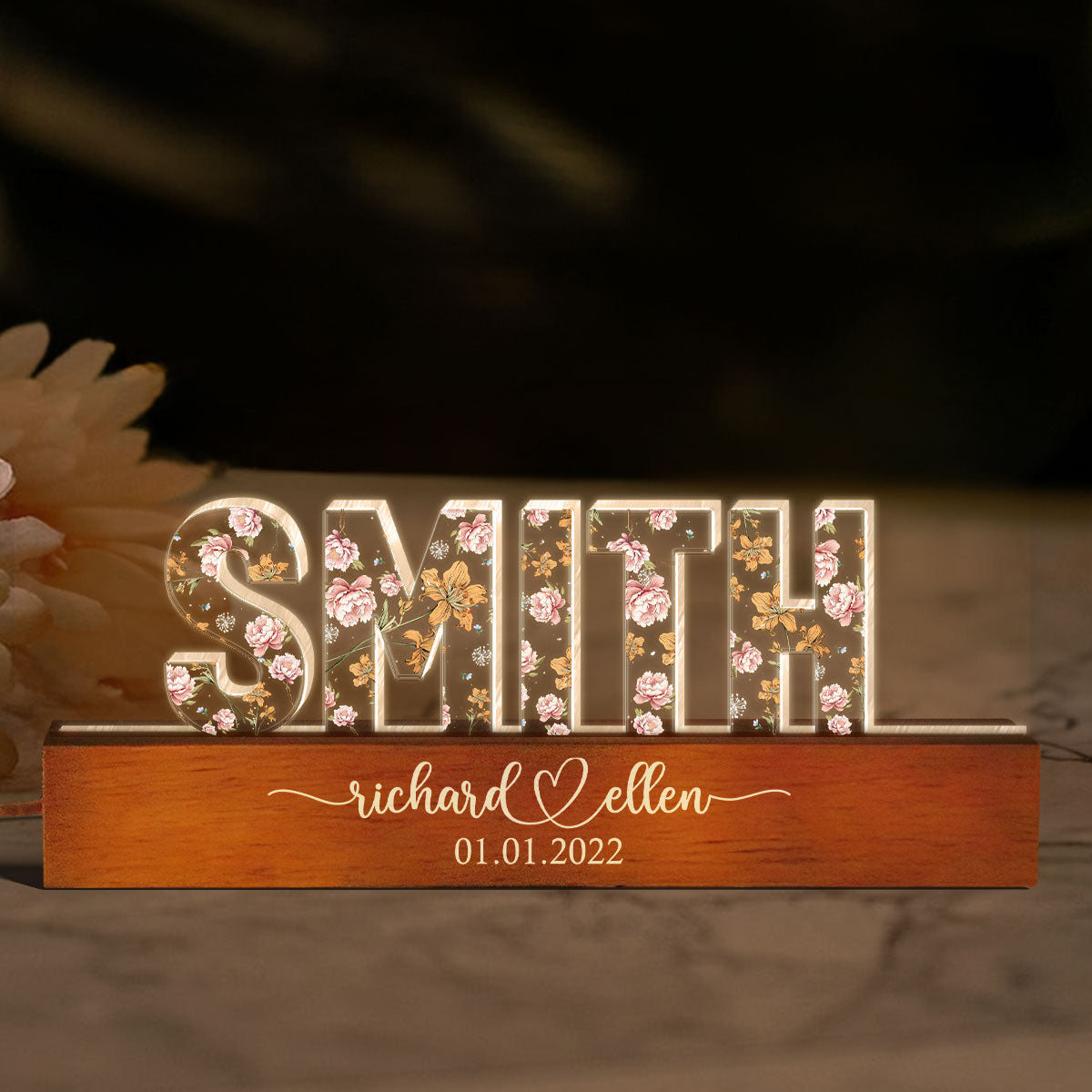 Mr & Mrs Family Name Wedding Anniversary Valentine's Day Gift for her & for him, Custom Flower Printed LED Night Light