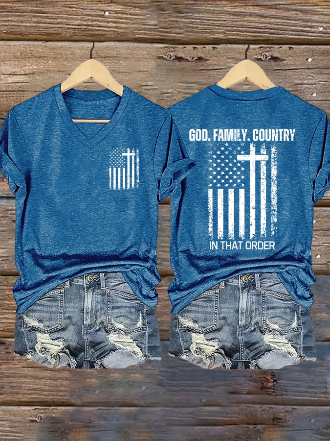 Women's God Family Country In That Order Print V Neck T-shirt