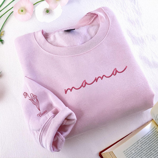 Embroidered Custom Mom Sweatshirt with Mom Birth Flowers & Names on Sleeve