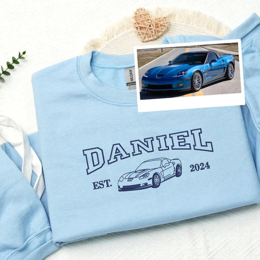 Custom Embroidered Car Outline Portrait Sweatshirt - Personalized Est Year Shirt - Gift for Car Lover