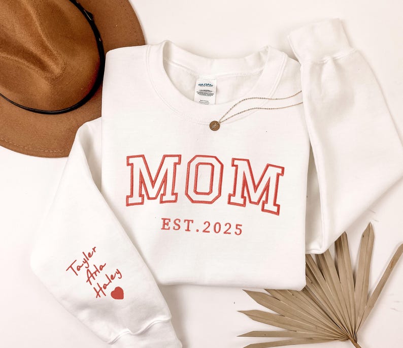 Custom Embroidered Sweatshirt With Your Child's Name And Heart On The Sleeve As A Mother’s/Father's Day Gift