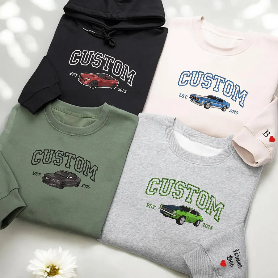 Custom Embroidered Car Portrait Sweatshirt - Personalized Est Year Shirt - Gift for Car Lover