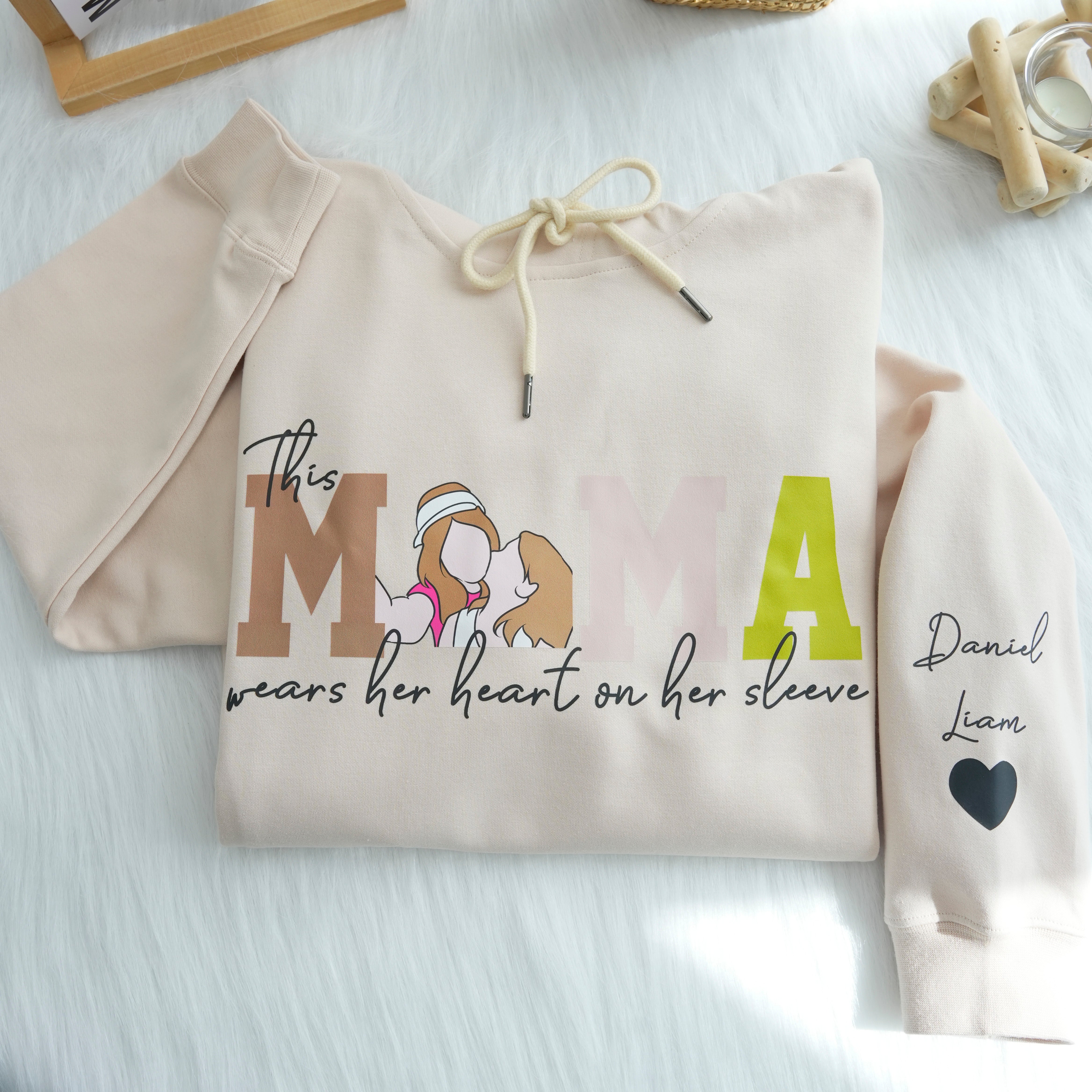 Mom Wears Her Heart on Her Sleeves - Custom Print Hoodie Mama and Kids Portrait