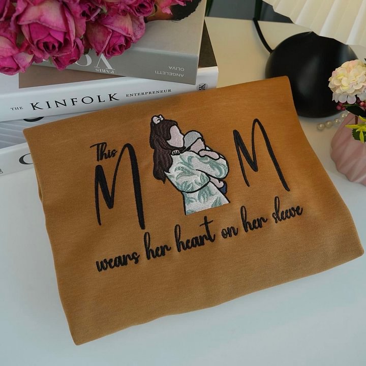 Mom Wears Her Heart On Her Sleeve Custom Photo Embroidered T-Shirt Crew Neck Hooded Sweatshirt