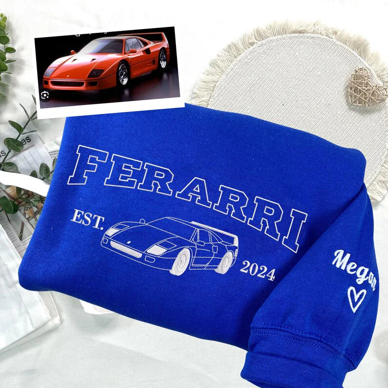 Custom Embroidered Car Outline Portrait Sweatshirt - Personalized Est Year Shirt - Gift for Car Lover