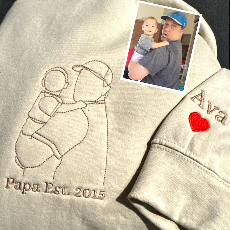 Custom Dad Photo Outline Embroidered Sweatshirt - Personalized Dad and Me Photo Portrait Sweatshirt - Gift for Dad