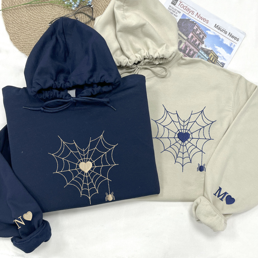 Custom Embroidered Halloween Spider Web Heart Matching Couple Sweatshirt | Halloween Gift Form Him Her