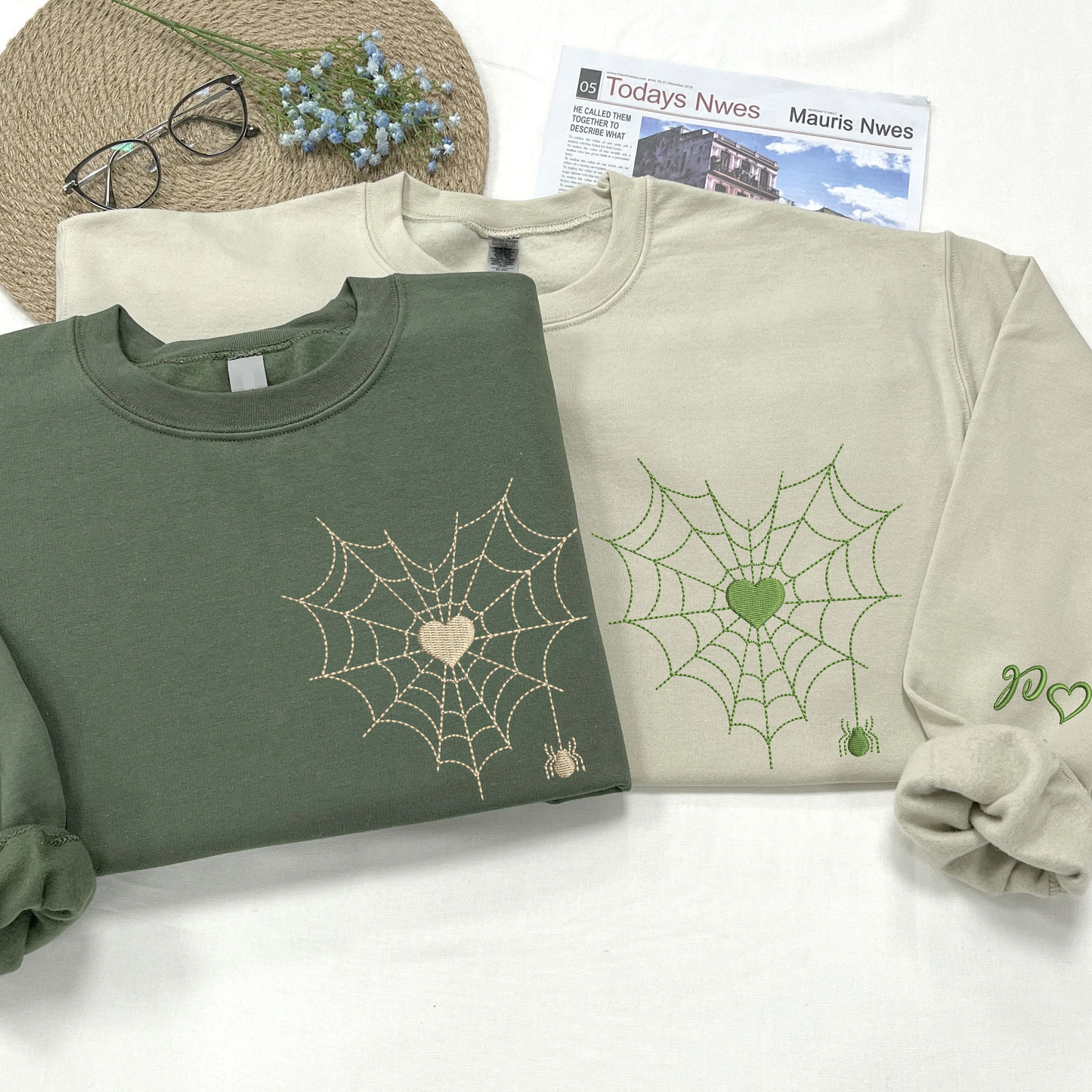 Custom Embroidered Halloween Spider Web Heart Matching Couple Sweatshirt | Halloween Gift Form Him Her