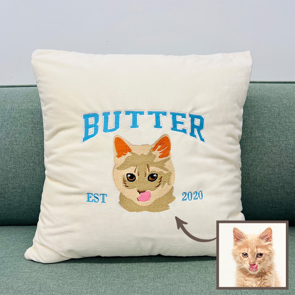 Custom Embroidered Pet Portrait Pillow Cushion With Pet Name, Pet Lover Gift