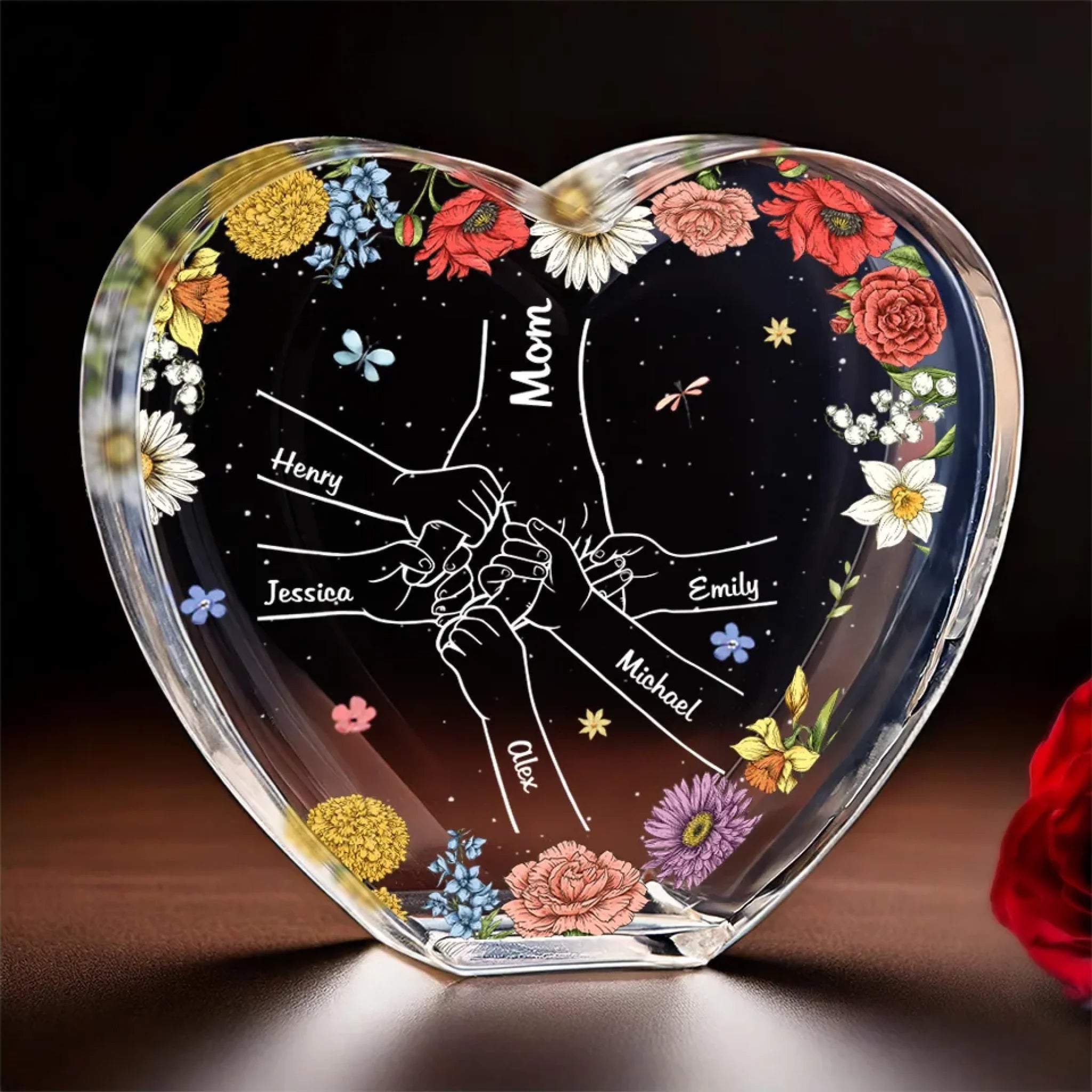 A Mother’s Heart Is A Garden Of Love - Family Personalized Custom 3D Crystal Heart Shaped - Mother's Day, Gift For Mom, Daughter