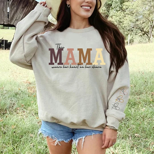 š„For Momš„Personalized MAMA Wears Her Heart On Her Sleeve Sweatshirt(Buy 2 Free Shipping)