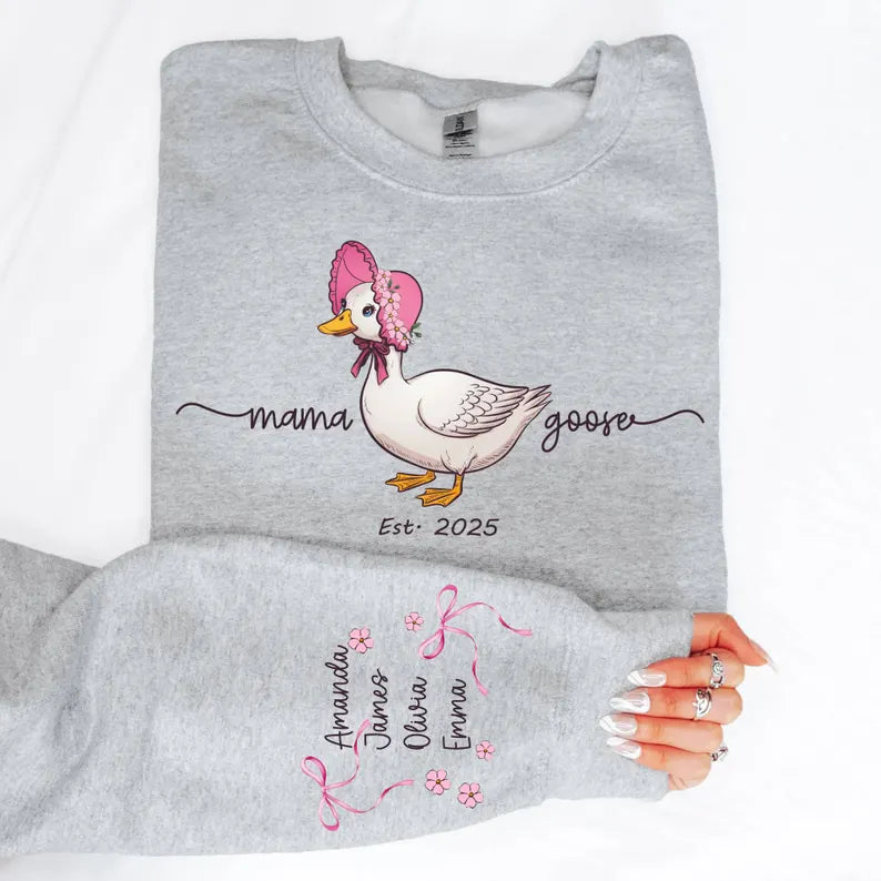 Custom Mama Goose Est 2025 Sweatshirt,Mama With Kid Name on Sleeve Sweater Mother's Day Sweater Cute Mama Goose Coquette Sweat Gift for Moms