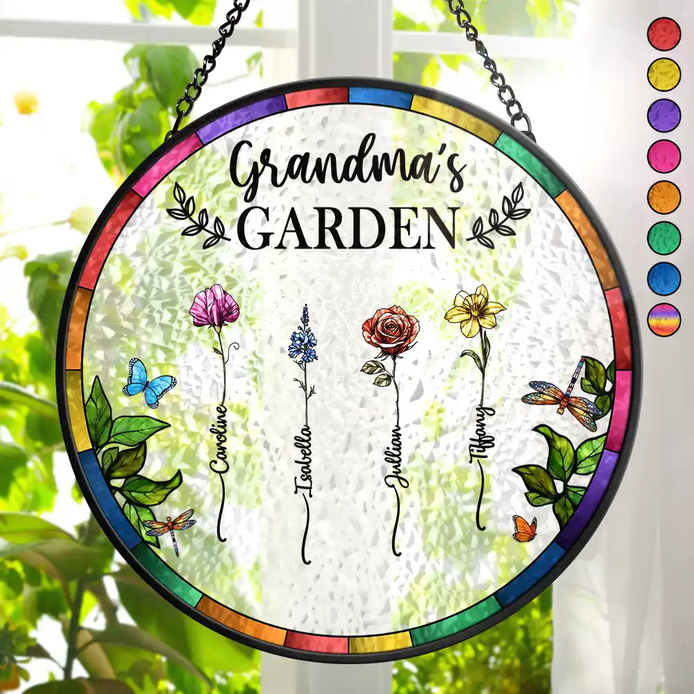 Birth Flower Grandma's Garden - Personalized Stained Glass Window Hanging Suncatcher
