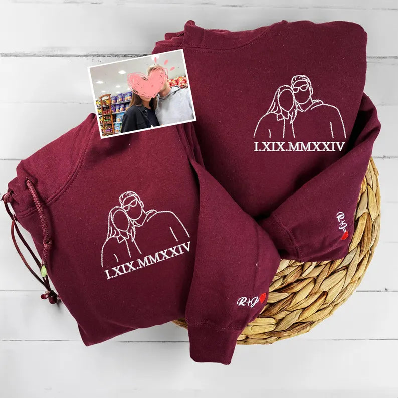 Custom Outline Embroidered Portrait from Photo-Matching Couple Hoodie