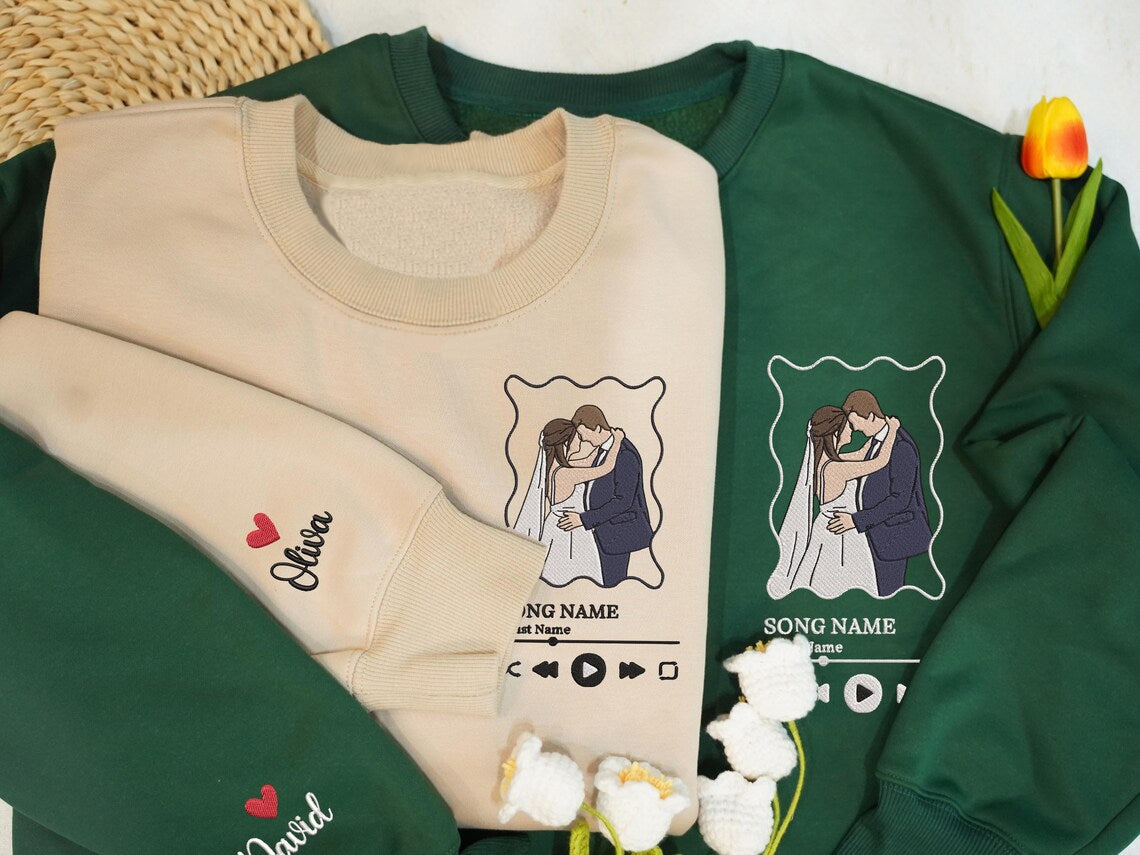 Custom Couple Music Wavy Frame Embroidered Sweatshirt
