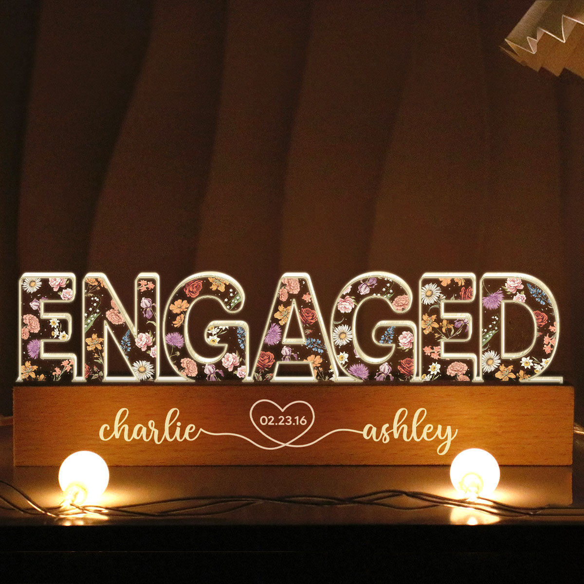 Personalized Couple Engagement Floral Theme Anniversary Gift Acrylic Block LED Night Light, Heartfelt 2025 Valentine's Day Gift, For Him, For Her, For Husband, For Wife