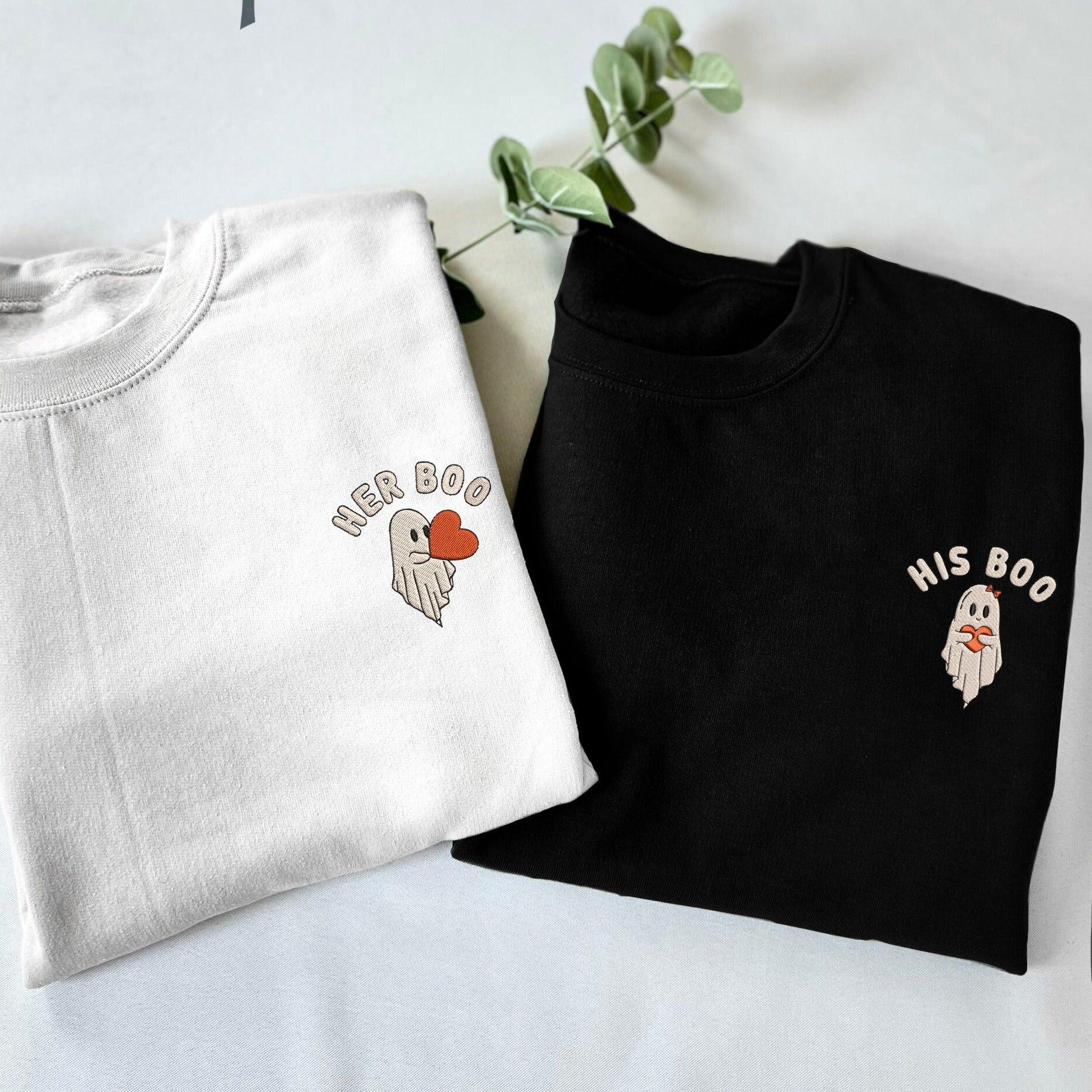 Custom Halloween Ghost Her His Boo Couples Embroidered Sweatshirts For Couples, Custom Matching Couple Hoodies