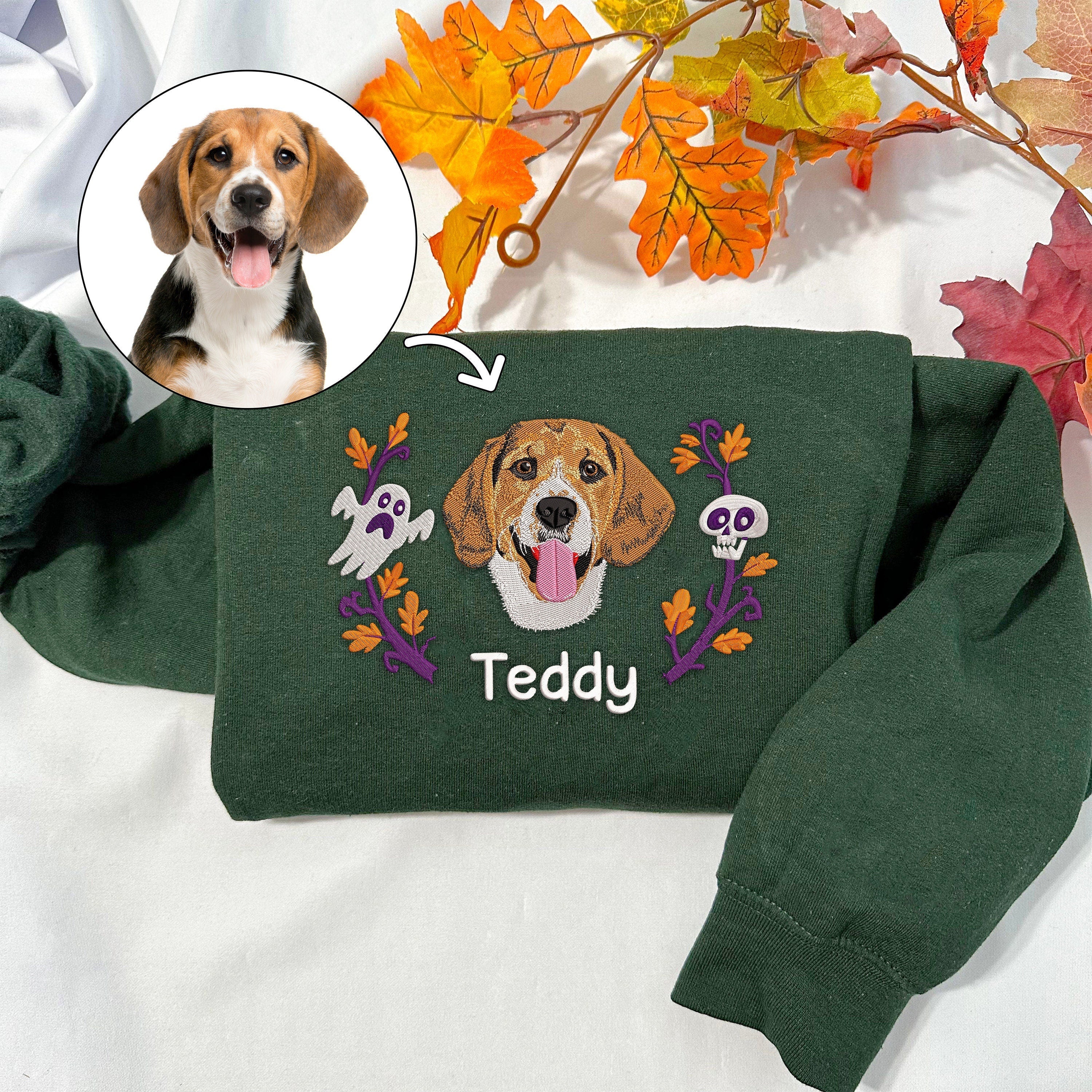 Custom Embroidered Halloween Dog Sweatshirt from Your Photo with Wreath | Halloween Gift