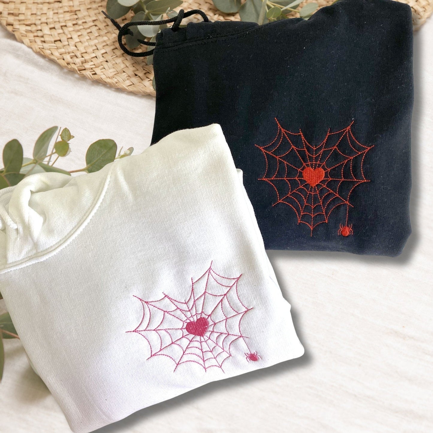 Custom Embroidered Halloween Spider Web Heart Matching Couple Sweatshirt | Halloween Gift Form Him Her