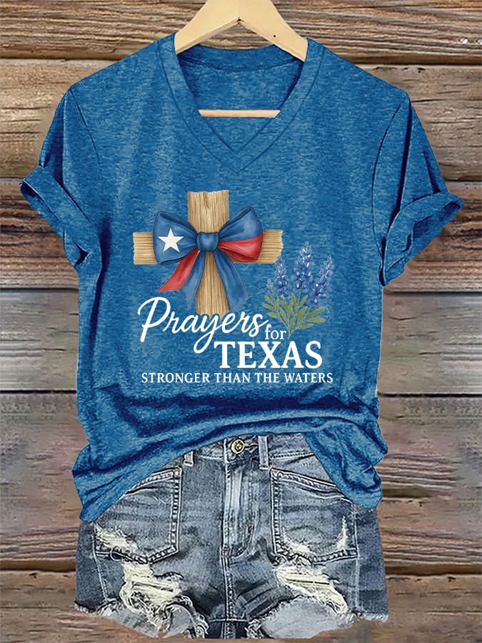 V-Neck Retro Texas Strong Prayers For Texas Stronger Than The Waters Print T-Shirt