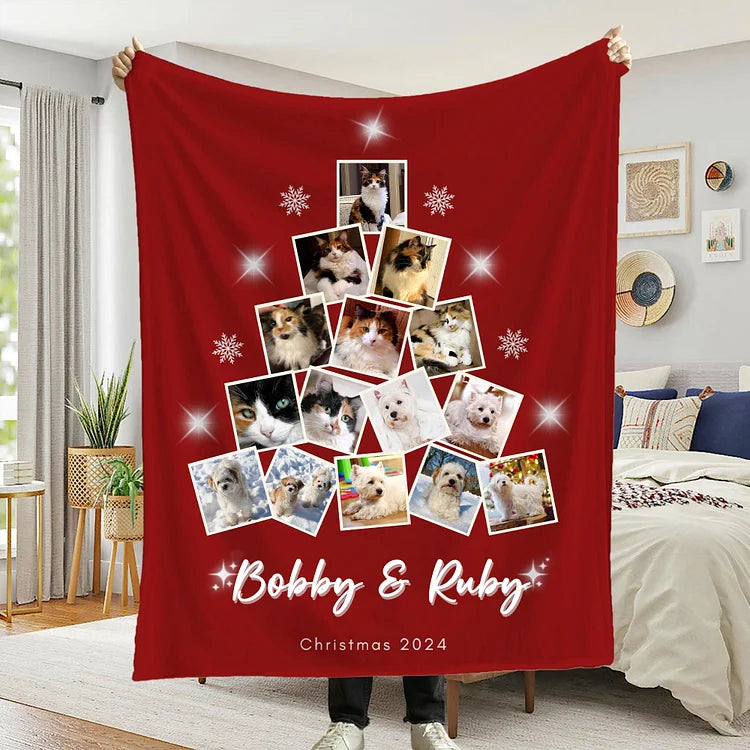 Custom Photo Christmas Tree Collage, Personalized Photo Blanket, Christmas Gift