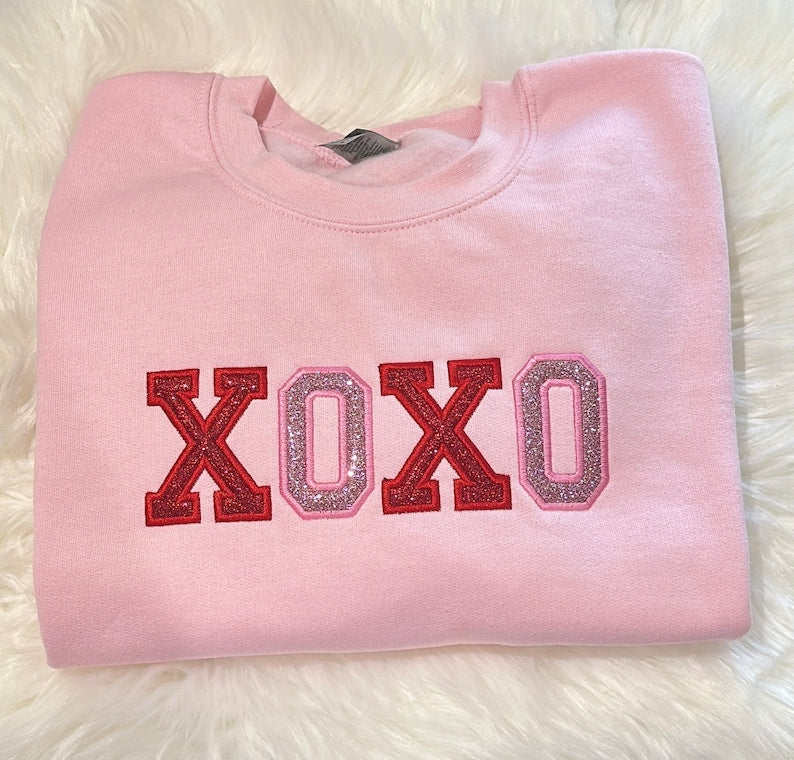 XOXO Glitter Appliqué Embroidered Sweatshirt, Valentines Day Sweatshirt