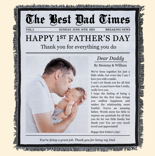 Happy 1st Father's Day Thank You For Everything - Personalized Photo Woven Blanket