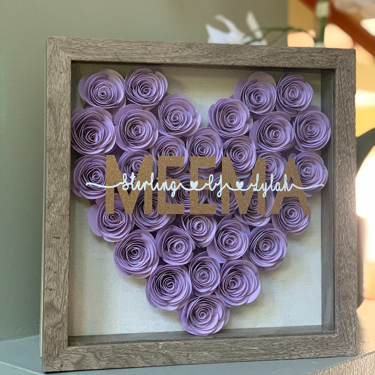 Handmade Heart Flower Mom Shadow Box with Kids Names