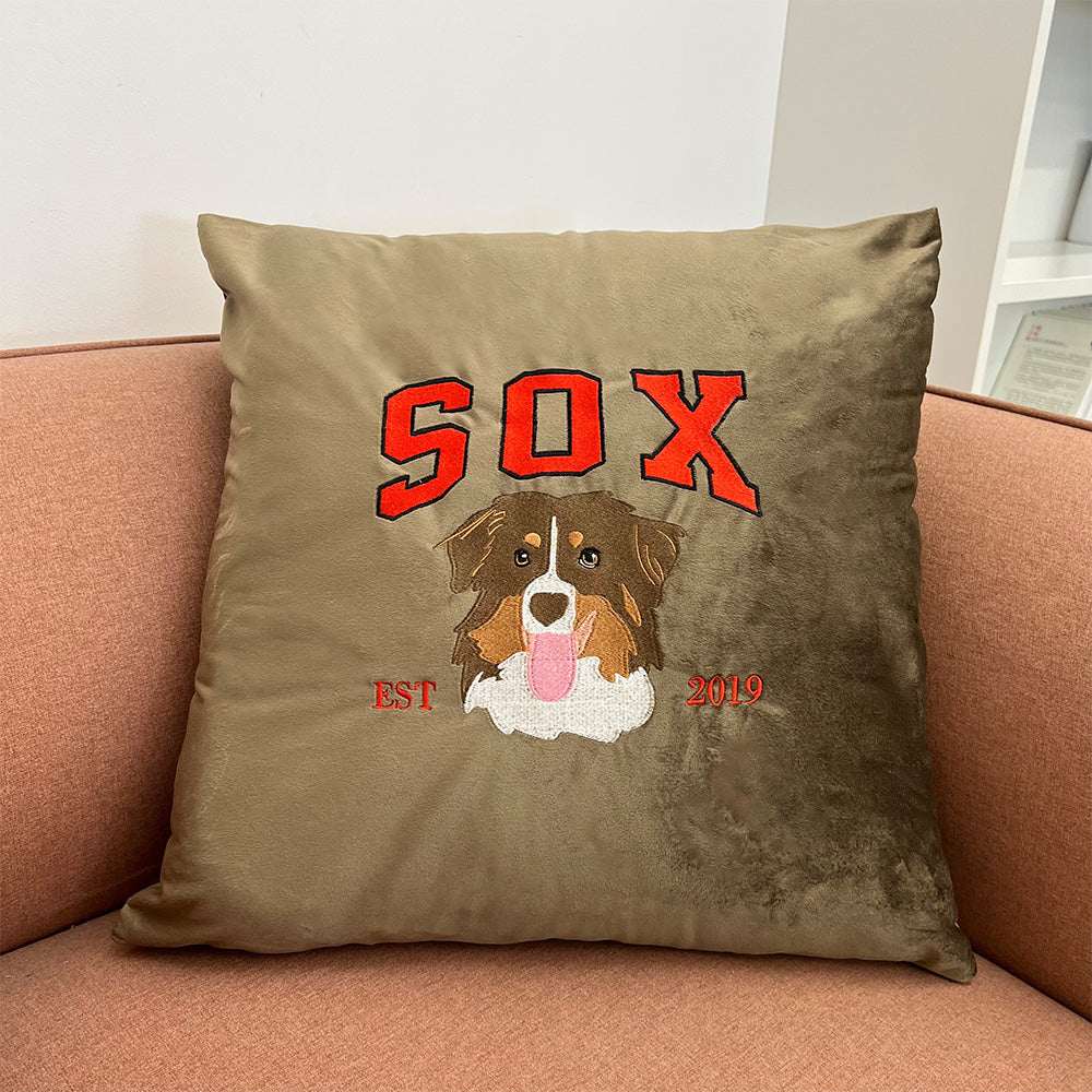 Custom Embroidered Pet Portrait Pillow Cushion With Pet Name, Pet Lover Gift