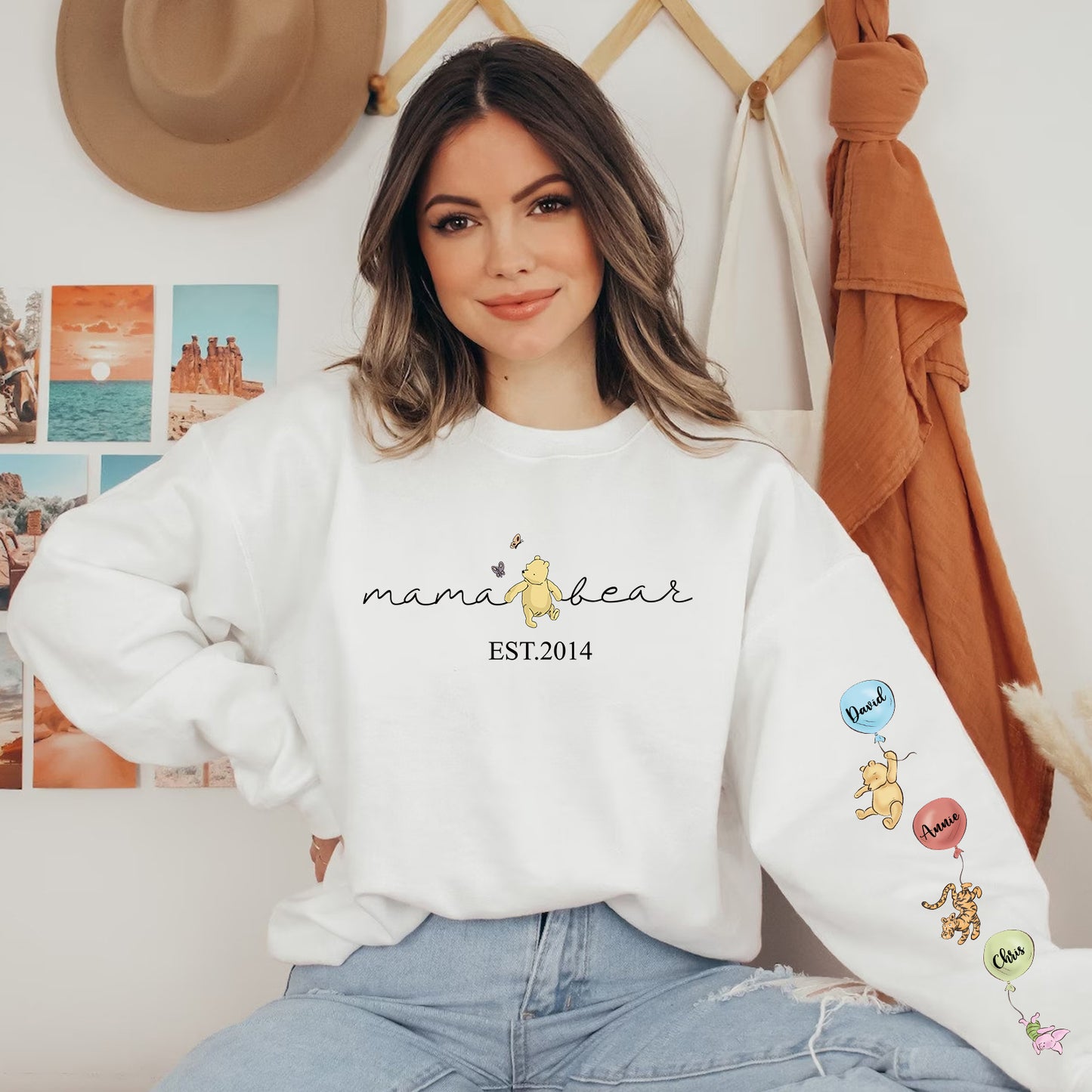 Custom Mama Bear Sweatshirt, Mama Est with Kids Names on Sleeve Sweatshirt