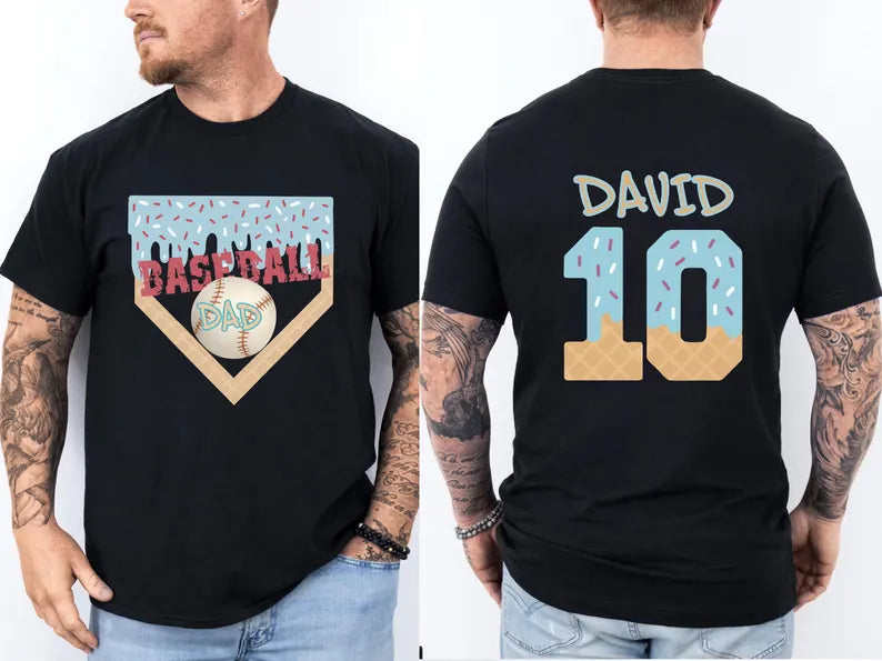 Customized Baseball Ice Cream Drip T-Shirt - Name And Number Printed On The Back - Gift For Dad