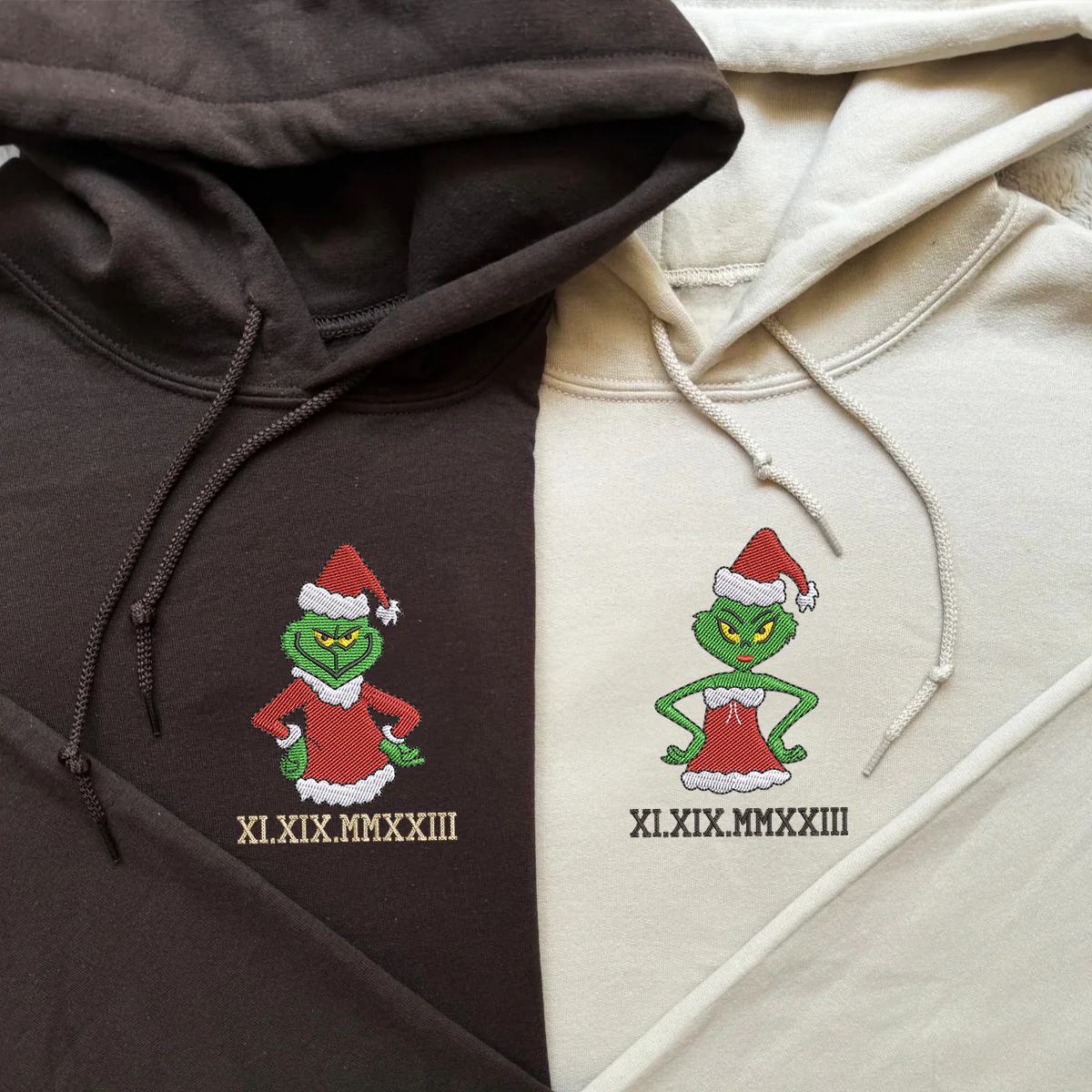 Custom Embroidered Christmas Green Cartoon Couples Roman Numeral Hoodies For Couples | Couple Anniversary Gift
