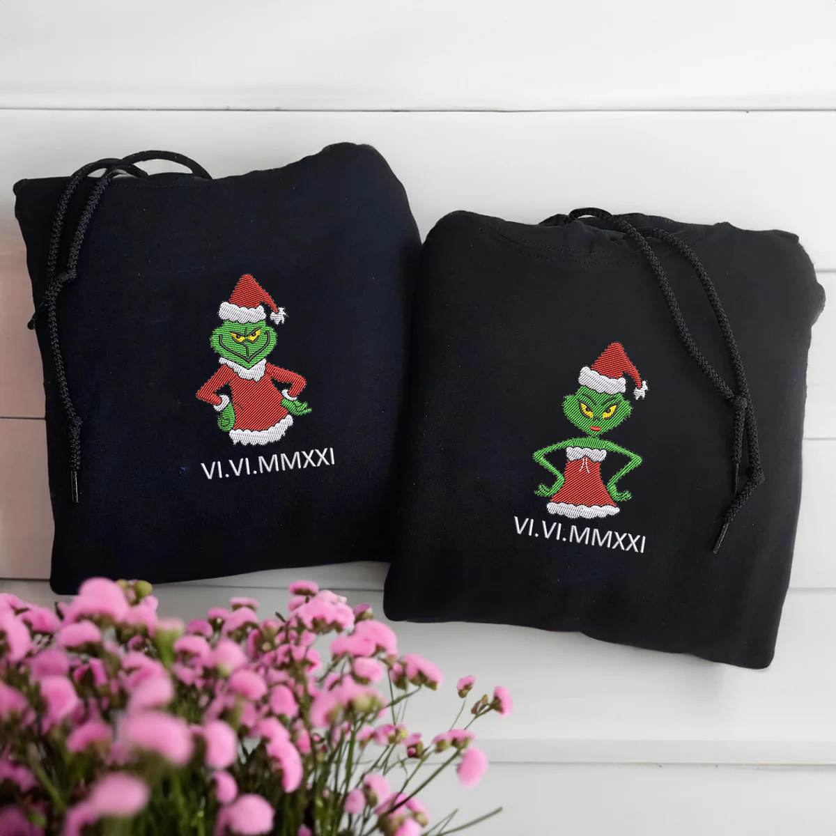 Custom Embroidered Christmas Green Cartoon Couples Roman Numeral Hoodies For Couples | Couple Anniversary Gift