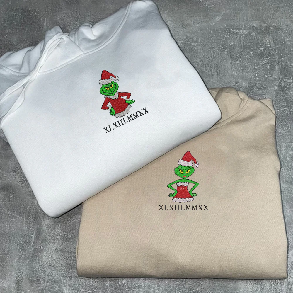 Custom Embroidered Christmas Green Cartoon Couples Roman Numeral Hoodies For Couples | Couple Anniversary Gift