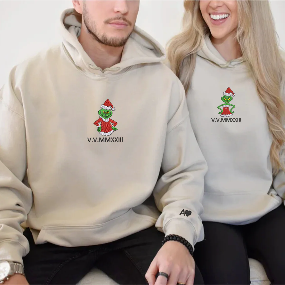 Custom Embroidered Christmas Green Cartoon Couples Roman Numeral Hoodies For Couples | Couple Anniversary Gift