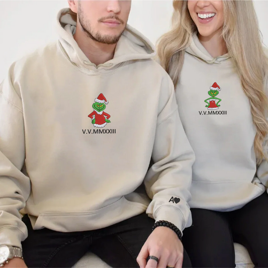 Custom Embroidered Christmas Green Cartoon Couples Roman Numeral Hoodies For Couples | Couple Anniversary Gift