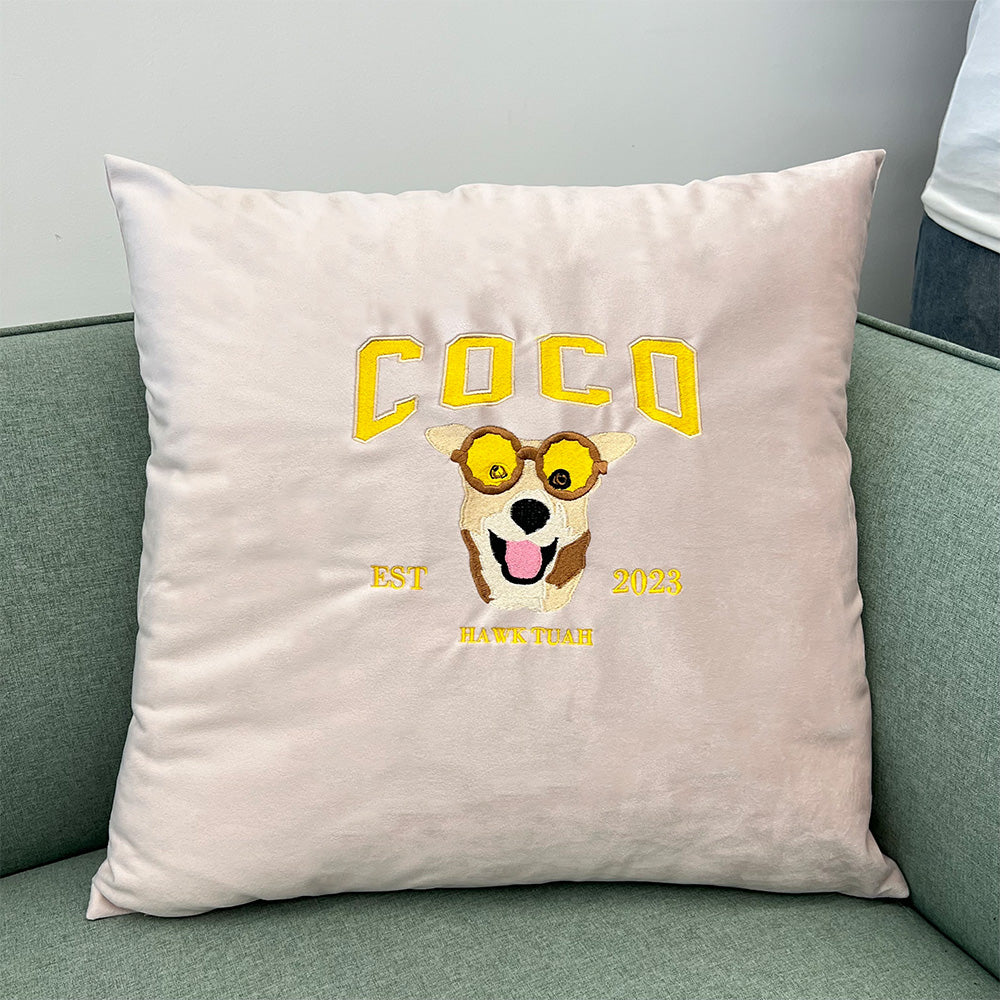 Custom Embroidered Pet Portrait Pillow Cushion With Pet Name, Pet Lover Gift