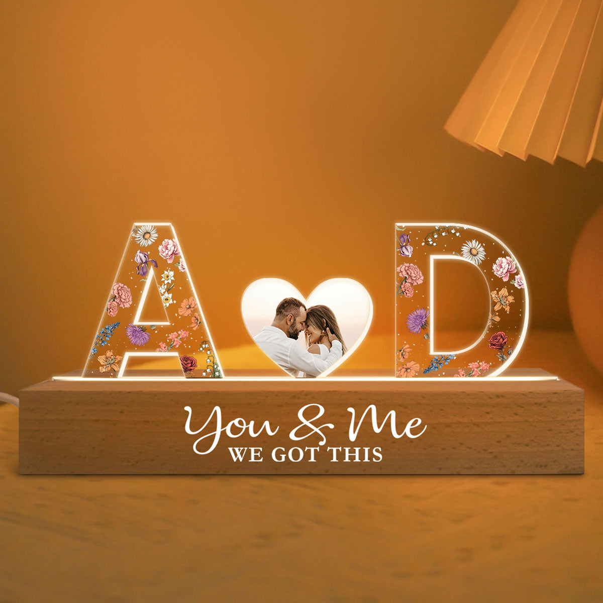 Couple Initials Floral Theme Photo Inserted Personalized Acrylic Block LED Night Light