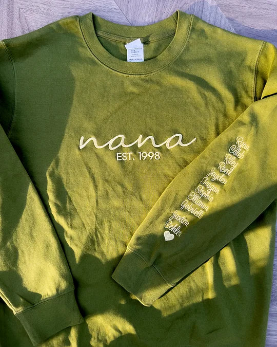 Custom Embroidered Mama/Nana Sweatshirt with Kids Names on Sleeve