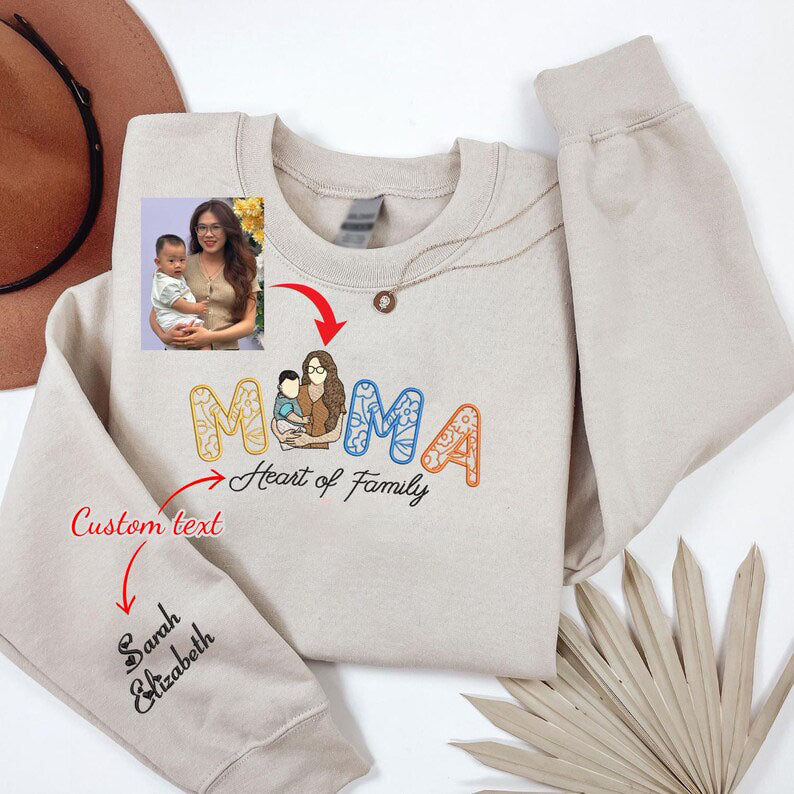 Embroidered Floral Mama Sweatshirt With Kids Names, Custom Portrait Photo Hoodie, Custom Shirt Gift For Mother
