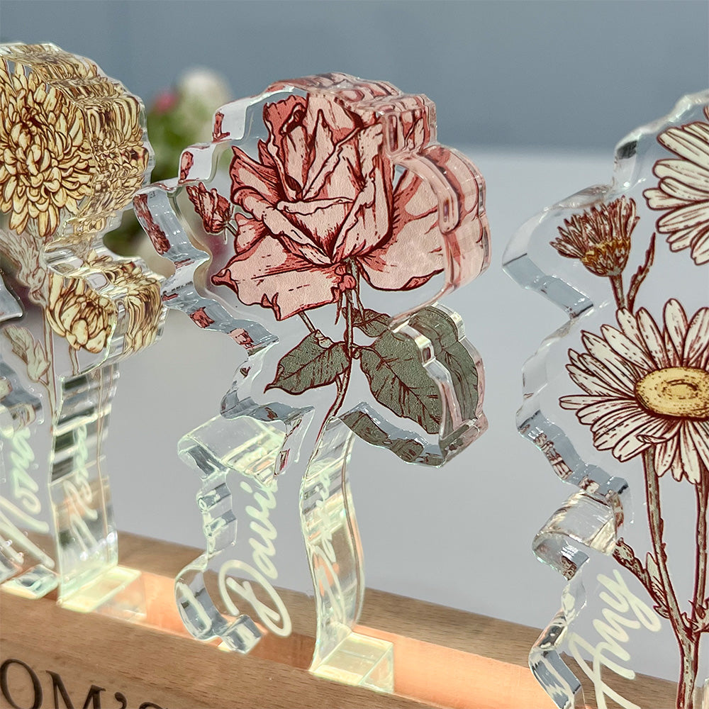 ✨Custom Birth Flower 3D Crystal Acrylic LED Light With Children's Names
