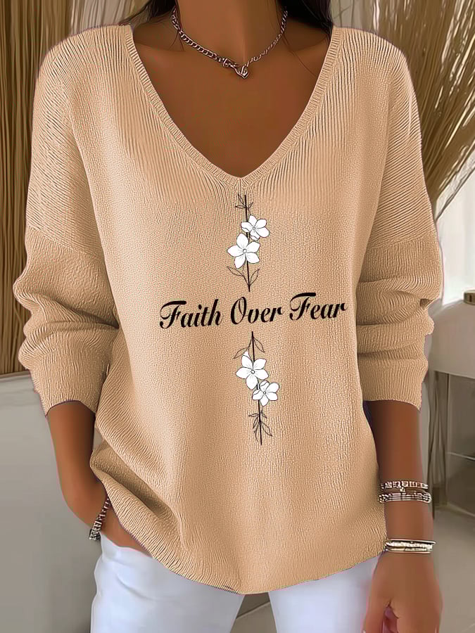 Women's Casual Faith Overcomes Fear Cross Knitted V-Neck Top
