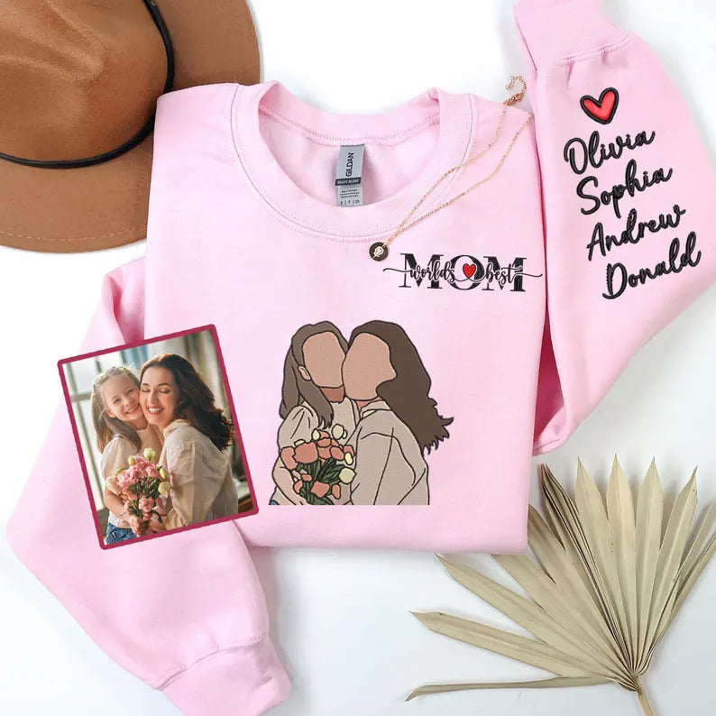 Custom Embroidered Mom Sweatshirt with Personalized Photo & Kids Names, Unique Mother’s Day Gift, Best Mom Ever Hoodie