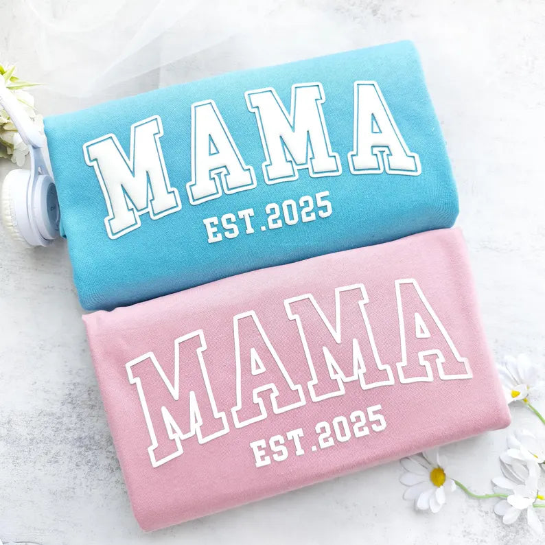 Mama Sweatshirt with Puff Lettering, Personalized Kid Names on Sleeve, Mama Sweater, Cute Gift for Mama