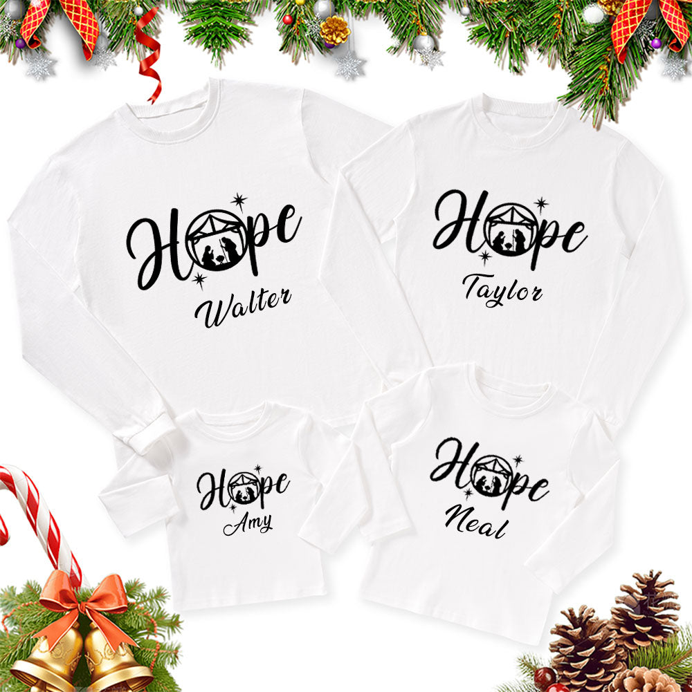 Personalized Hope Love Joy Believe Jesus Nativity Christmas Family Matching Long Sleeve T-Shirt