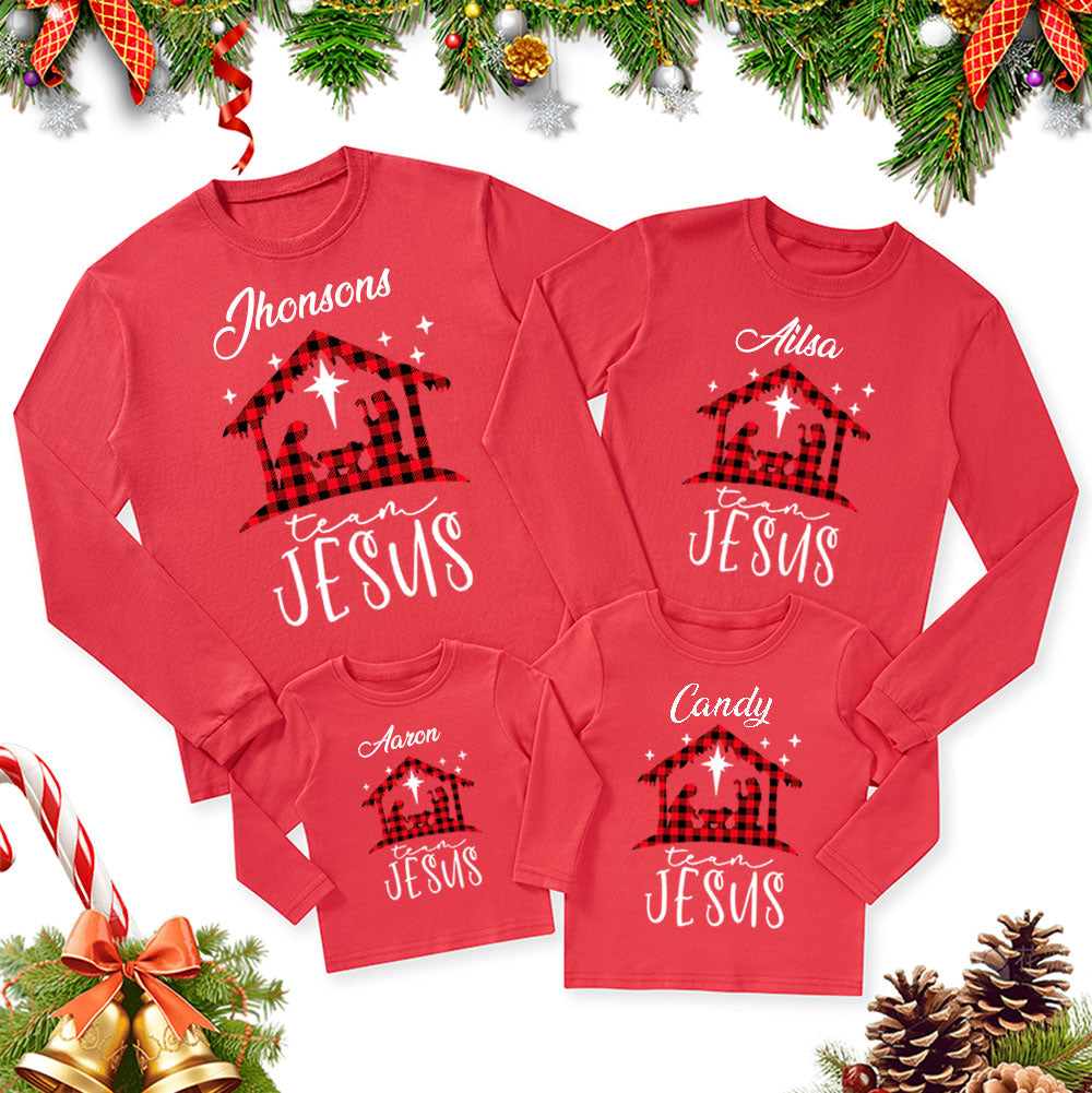 Personalized Buffalo Plaid Nativity Christmas Family Matching Long Sleeve T-Shirt
