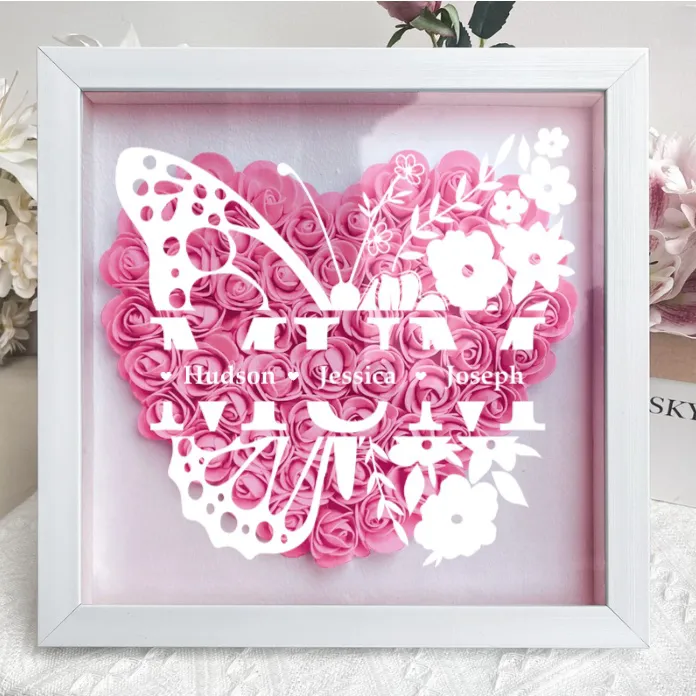Personalized Butterfly Version Flower Shadow Box - Gift For Mom Custom Children Names