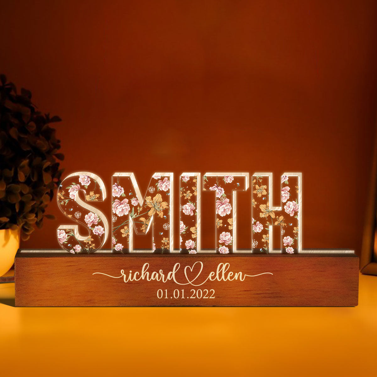 Mr & Mrs Family Name Wedding Anniversary Valentine's Day Gift for her & for him, Custom Flower Printed LED Night Light