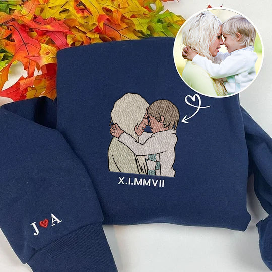 Loversdovey Custom Embroidered Hoodie Mama and Kids Portrait, Family Photo Sweatshirt